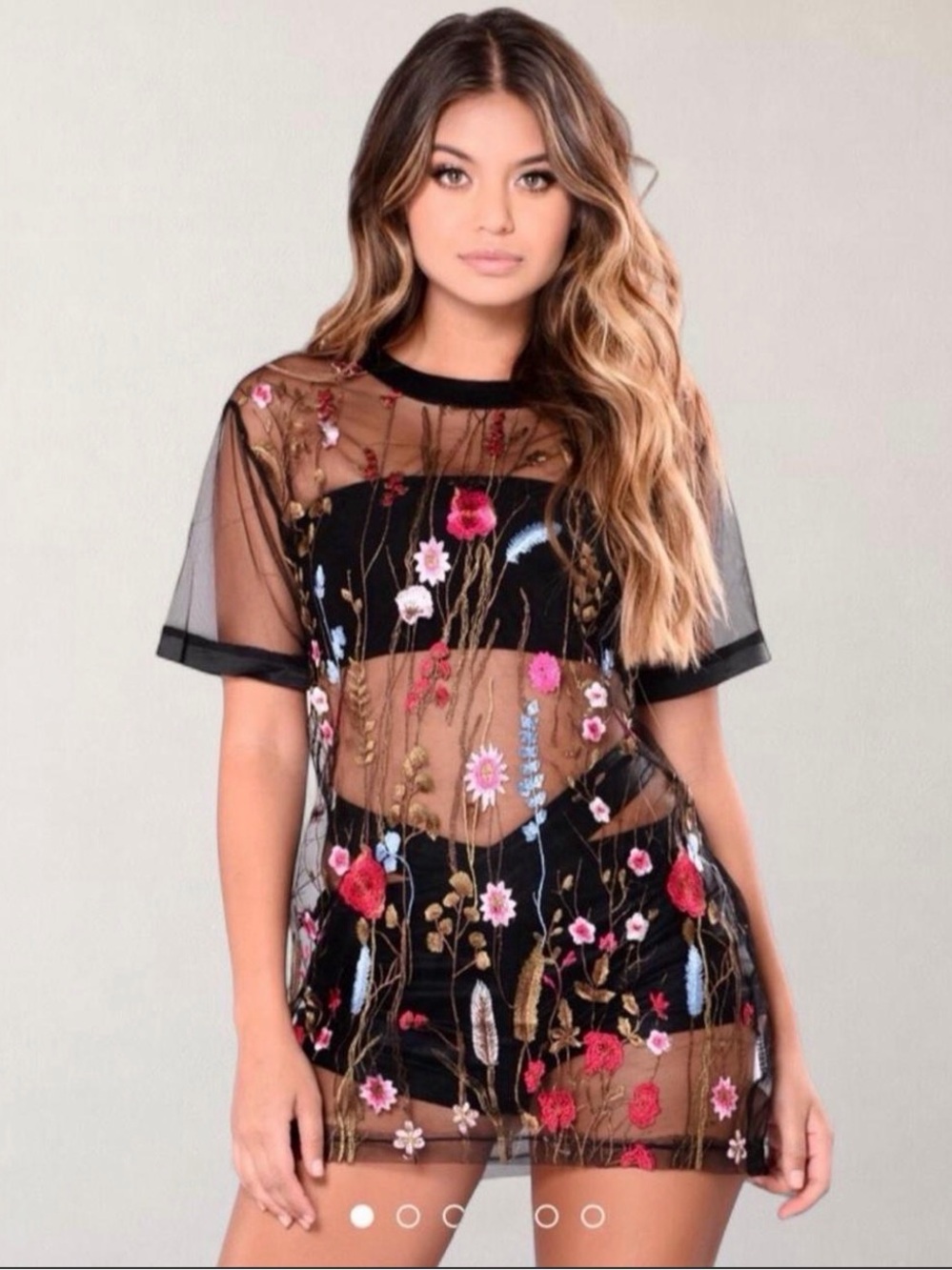 Fashion Nova Black Sheer Mesh Floral Embroidered Tunic Top Size M